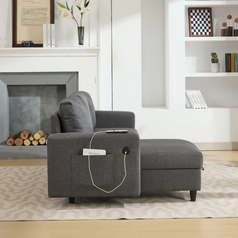 L-Shaped Corner Sofa with Hidden Storage and Side Pockets, Reversible Sectional Couch with Sturdy Wooden Frame, 180L x 120W x 72H cm, Gray