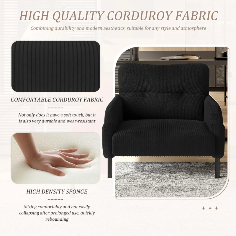 Corduroy Single-Seater Armchair with High-Density Foam Cushion, Ergonomic Wide Seat with Double Side Storage Pockets, 67L x 75W x 79H cm, Black