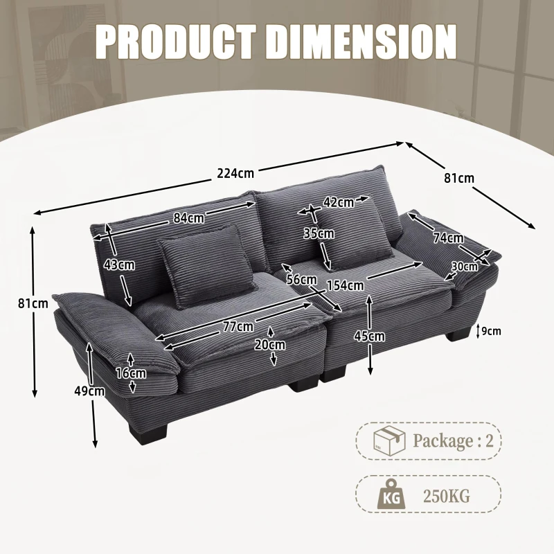 Oversized Two-Seater Sofa with Modern Deep-Seated Modular Design, Comfortable Daybed with Ergonomic Curves, 224L x 81W x 81H cm, Dark Gray