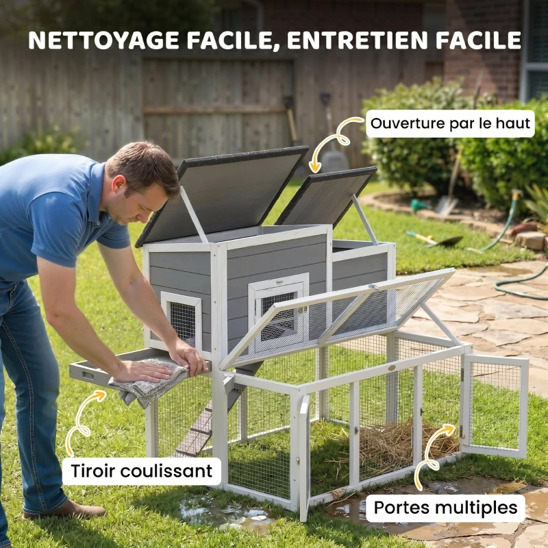 PawHut Clapier Lapin Extérieur en Bois Cage à Lapin Intérieur Double Toit Ouvrant Imperméable 2 Niveaux avec Enclos Gris
