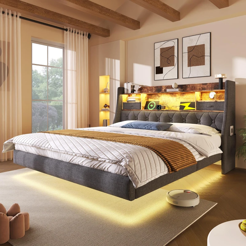 Upholstered Double Floating Bed with LED Mood Lighting, Low-Profile Floating Bed Frame with Storage Headboard, 202L x 142W x 114H cm, Grey