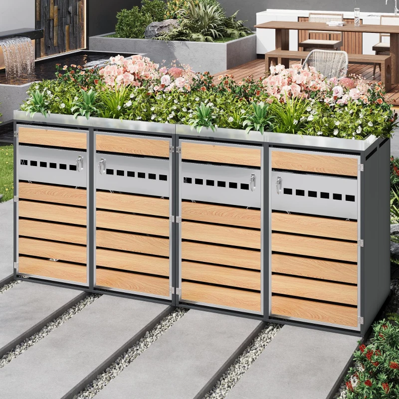 4-Compartment Outdoor Bin Enclosure with Integrated Planter, Planter-Top Quad Bin Storage with Lockable Doors, 264L x 80W x 124.5H cm, Grey+Wood