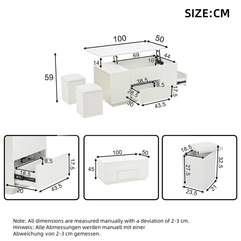 Lift-Top Coffee Table with App-Controlled LED and Soft-Close Drawers, Sleek White Center Table with 2 Storage Ottomans, 100L x 50W x 45H cm, White