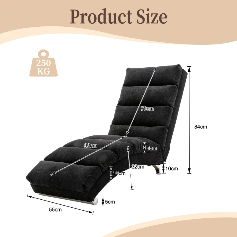 Fabric Relaxation Chaise Longue with Gentle Vibration, Contoured Ergonomic Floor Lounger with Side Pocket, 148L x 55W x 87H cm, Black