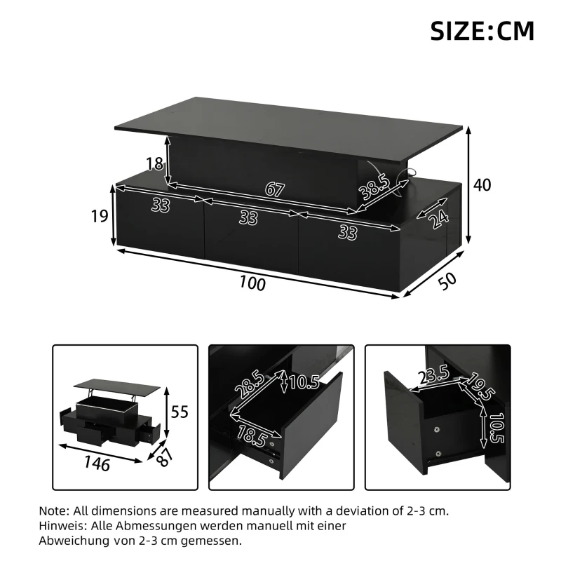 Lift-Top Coffee Table with 4 Drawers and Hidden Storage, Multi-Functional Center Table with Open Shelf and USB Port, 100L x 50W x 40H cm, Black