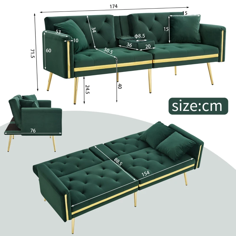 Two-Seater Convertible Sofa Bed with 3-Level Adjustable Backrest, Space-Saving Sleeper Sofa with High-Density Foam, 174L x 76W x 71.5H cm, Green