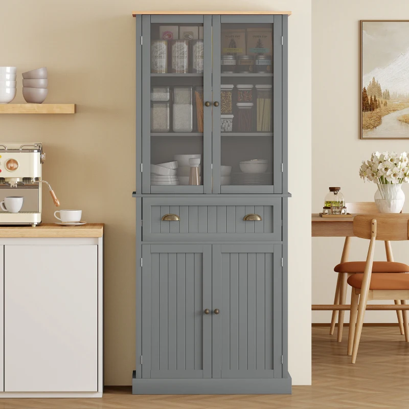 HOMCOM Buffet mueble de cocina armario de cocina 4 puertas, 2 puertas vitradas y 1 cajón estantes regulables - gris