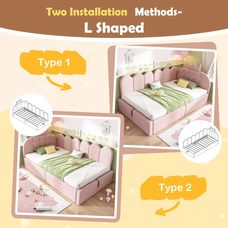 Upholstered Daybed with Hydraulic Storage and Crown Headboard, Space-Saving Guest Bed with Padded Velvet Upholstery, 199L x 96W x 96H cm, Pink