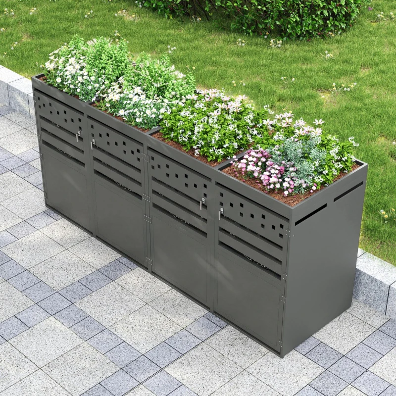 Anthracite Bin Storage Unit with Planter Roof and Rear Drainage, Sleek Dark-Grey Trash Can Shed with Ventilation Slots, 264L x 80W x 125H cm, Grey