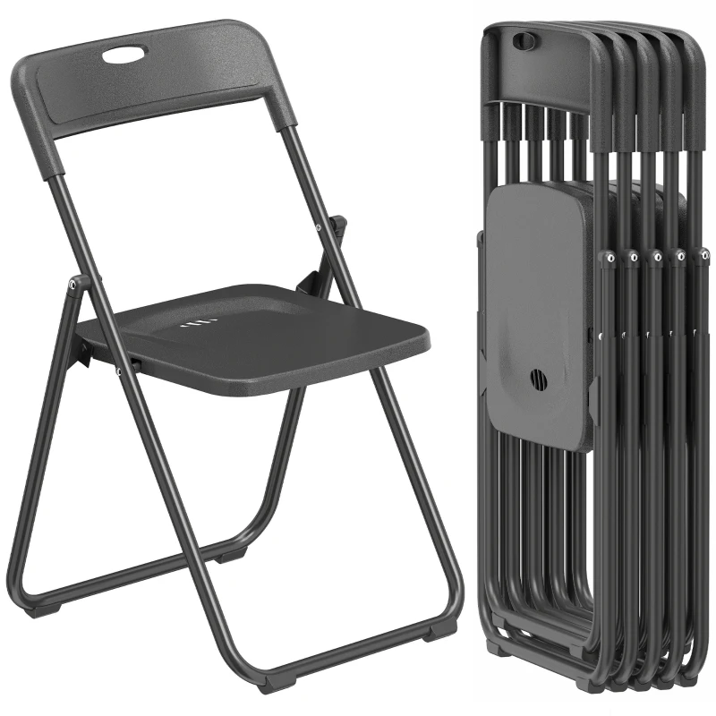 HOMCOM Juego de 6 Sillas Plegables de Plástico con Respaldo Curvo Diseño Ventilación Estructura de Acero 48,5x47x75 cm Negro