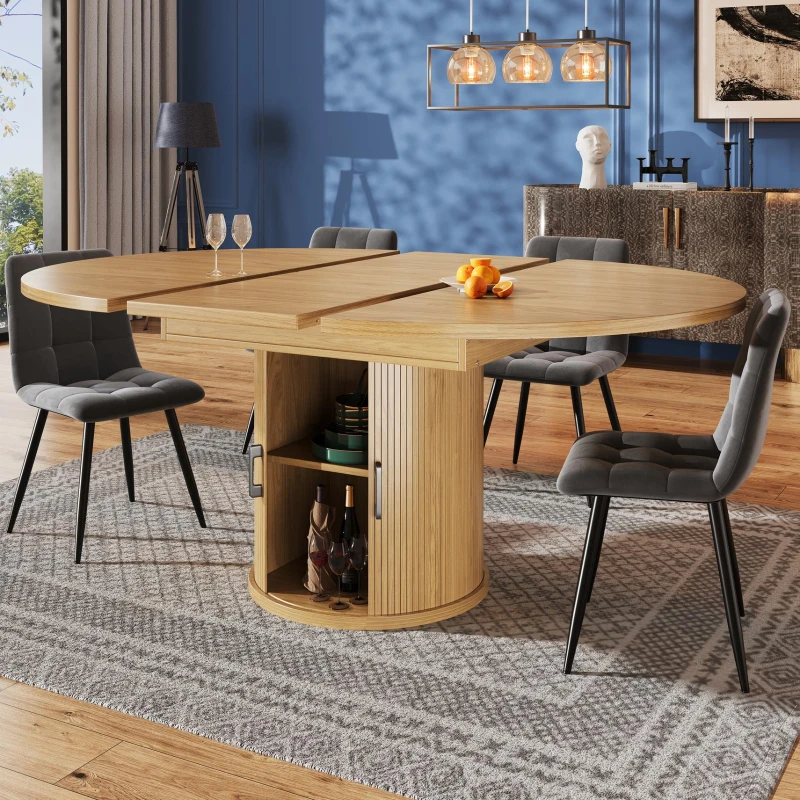 Extendable Round Dining Table with Hidden Leaf Storage, Extension Kitchen Table with Realistic Wood-Grain Finish, 118L x 118W x 76H cm, Natural