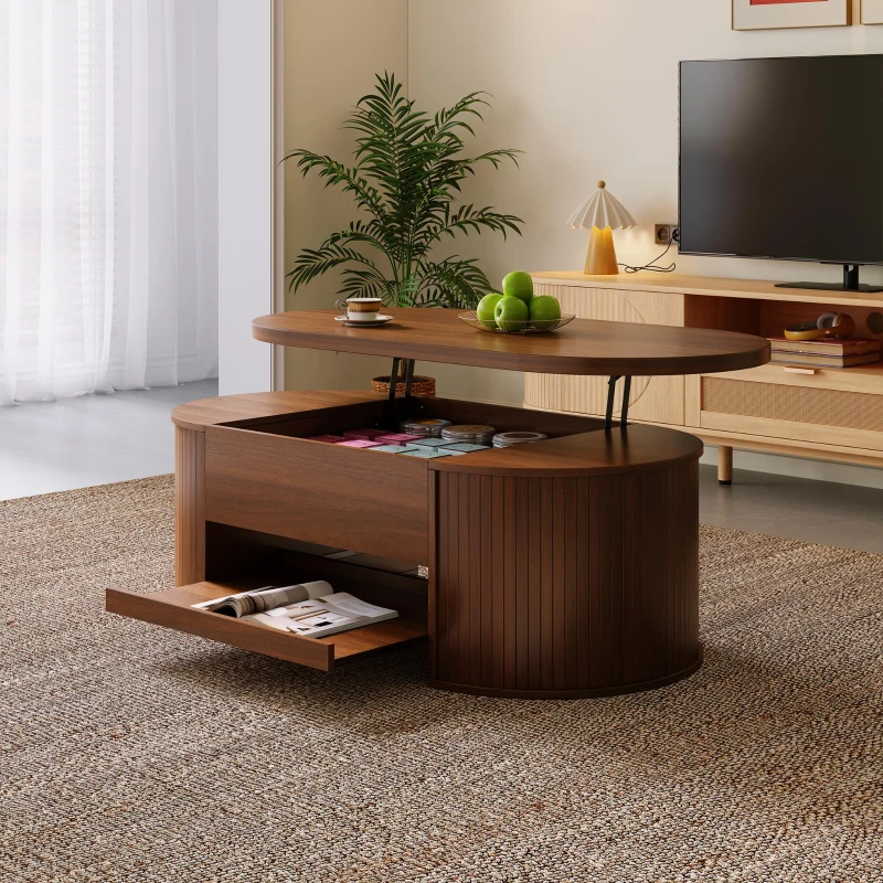 Lift-Top Coffee Table with Wooden Sides and Extendable Lower Shelf, Height-Adjustable Center Table with Ample Storage, 110L x 55.5W x 40H cm, Wood