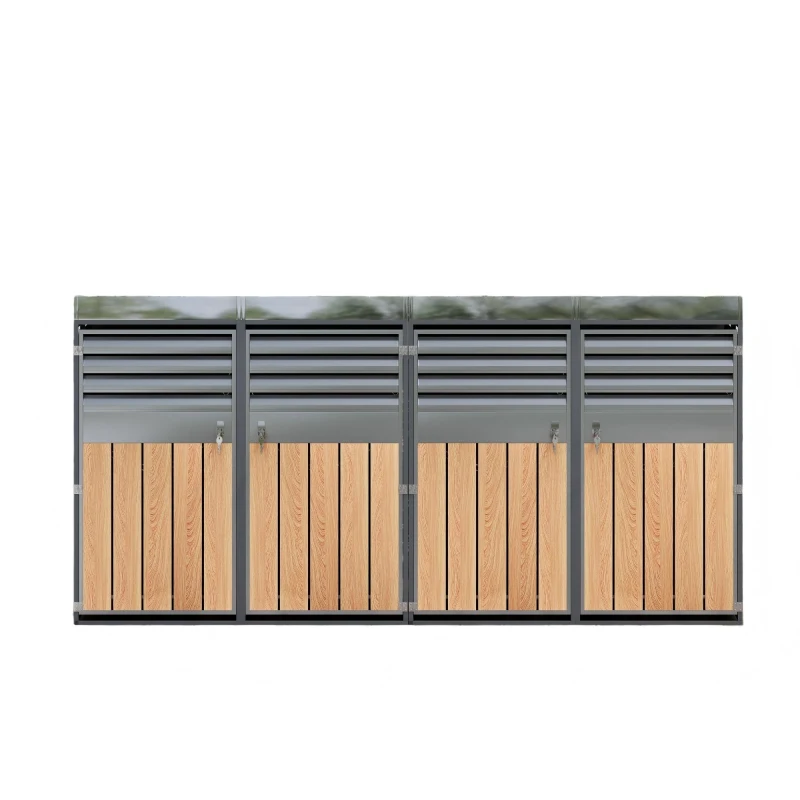 Lockable Bin Storage Unit with Integrated Planter, Lockable Trash Can Shed with Corrosion-Resistant Frame, 264L x 80W x 124.5H cm, Grey+Wood