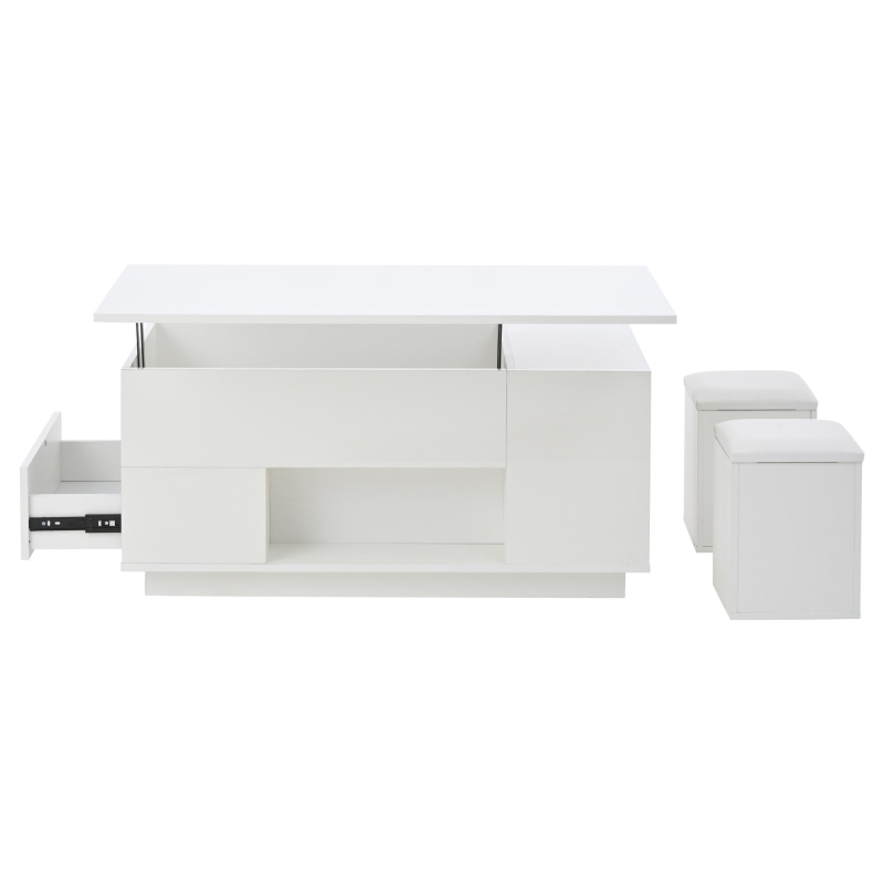 Lift-Top Coffee Table with App-Controlled LED and Soft-Close Drawers, Sleek White Center Table with 2 Storage Ottomans, 100L x 50W x 45H cm, White