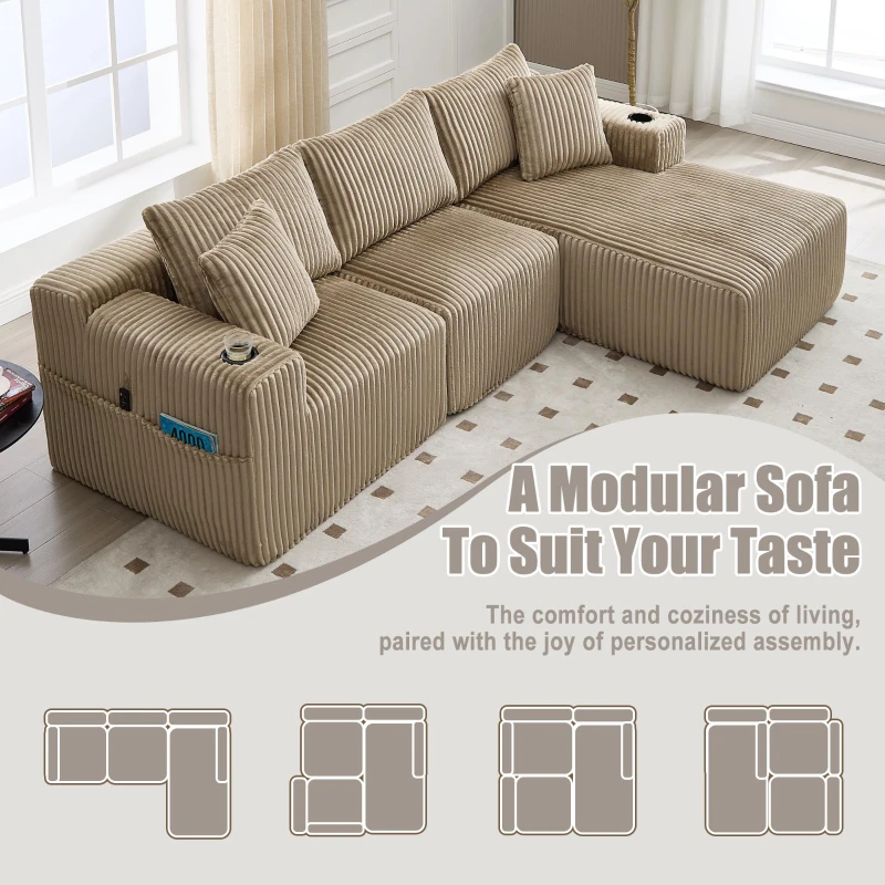 Modular L-Shaped Sectional Sofa with Deep Seat, Plush Corduroy Boneless Couch for Living Room, 257L x 160W x 80H cm, Khaki