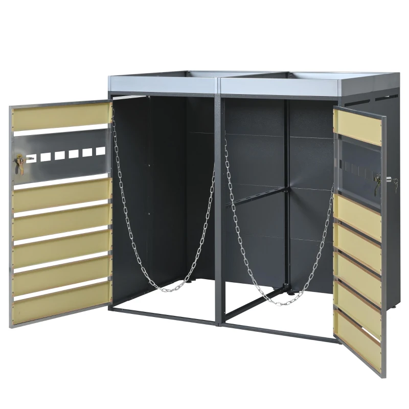Lockable Outdoor Bin Storage Cabinet with Integrated Planter, Double Bin Storage Shed with Galvanised Steel Frame, 132L x 80W x 124.5H cm, Grey+Wood