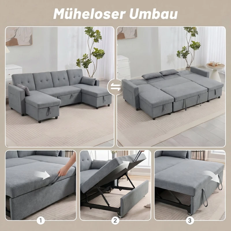 HOMCOM Ecksofa mit Schlaffunktion und Bettkasten U-Form 4-Sitzer Sofa mit Chaiselongue, verstellbarer Rückenlehne, Leinenoptik