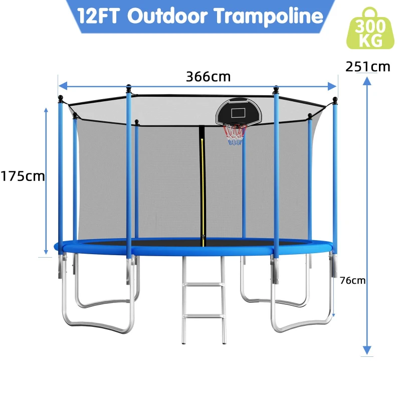 Outdoor Trampoline with Basketball Hoop and Safety Net, Heavy Duty Rebounder with Weatherproof Steel Frame, 366L x 366W x 76H cm, Blue