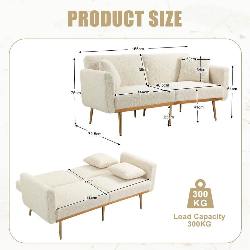 Modern 2-Seater Sofa with 3-Position Adjustable Backrest, Convertible Loveseat with Thick Padded Cushions, 165L x 72.5W x 75H cm, White Teddy