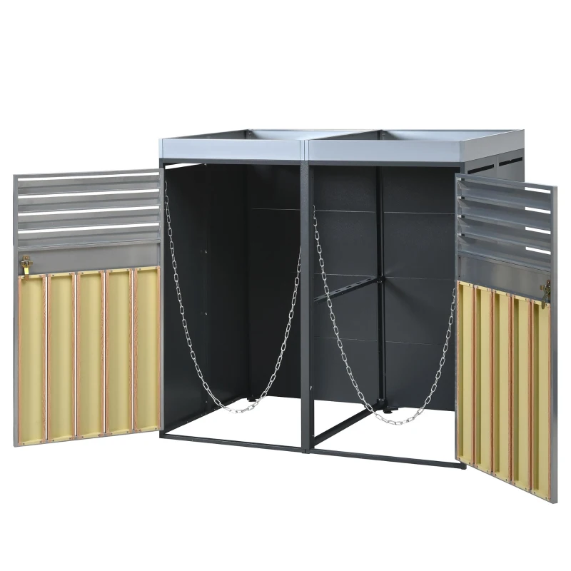 Bin Storage Unit with Built-In Planter and Louvred Ventilation, Double Bin Storage Shed with Galvanised Steel Frame, 132L x 80W x 124.5H cm, Grey+Wood