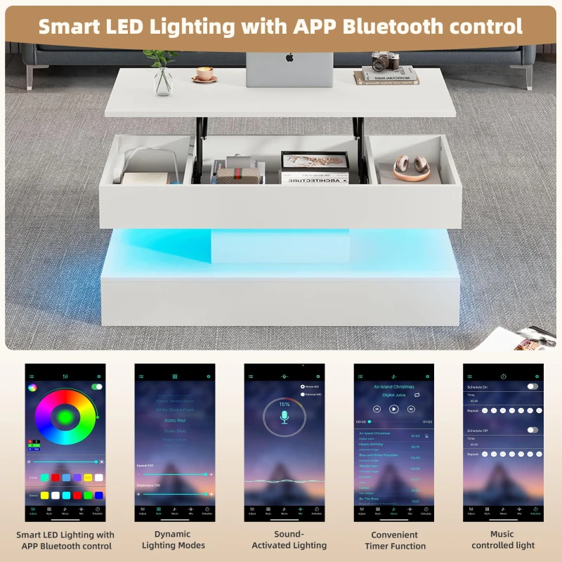 Modern Coffee Table with Bluetooth-Controlled LED Lighting, Lift-Up Center Table with Hidden Storage and Hydraulic Lift, 100L x 50W x 42H cm, White