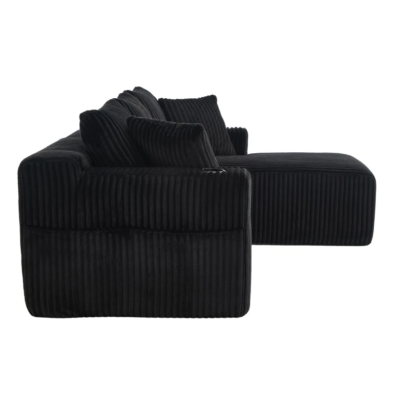 Modular L-Shaped Sectional Sofa with Deep Seat, Plush Corduroy Boneless Couch for Living Room, 257L x 160W x 80H cm, Black