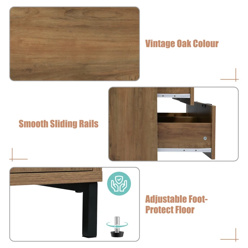 Dark Oak Sideboard with 6 Drawers and Industrial Metal Frame, Industrial Rustic Cabinet with Adjustable Feet, 120L x 40W x 76H cm, Dark Oak