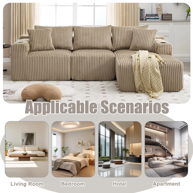 Modular L-Shaped Sectional Sofa with Deep Seat, Plush Corduroy Boneless Couch for Living Room, 257L x 160W x 80H cm, Khaki