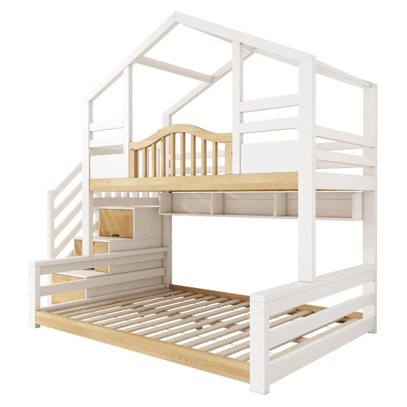 House-Shaped Bunk Bed with Staircase Storage, Space-Saving Kids Bed with Integrated Shelves, 244L x 140W x 206H cm, White+Natural