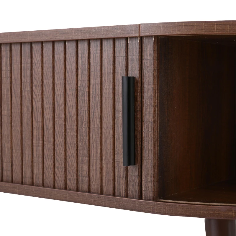 Lift-Up Oval Coffee Table with Hidden Storage and Roller-Shutter Doors, Space-Saving Centre Table with Solid Wood Legs, 120L x 50W x 39.5H cm, Wood