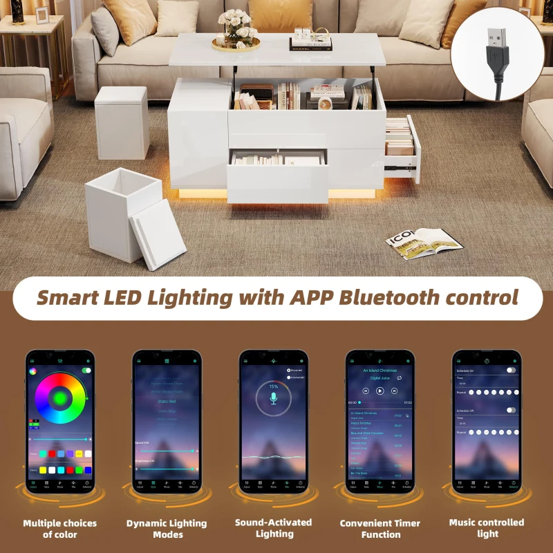 Lift-Top Coffee Table with App-Controlled LED and Soft-Close Drawers, Sleek White Center Table with 2 Storage Ottomans, 100L x 50W x 45H cm, White