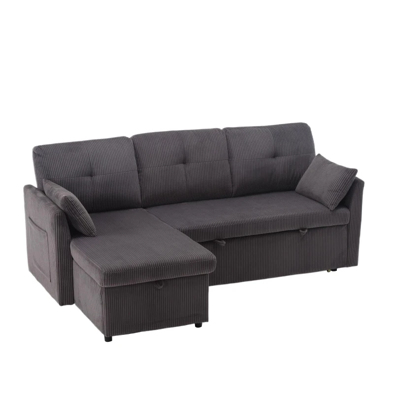 Stylish Sectional Sleeper Sofa with Reversible Storage Chaise, 3-In-1 L-Shaped Sofa with Corduroy Upholstery, 206L x 130W x 88H cm, Charcoal Grey