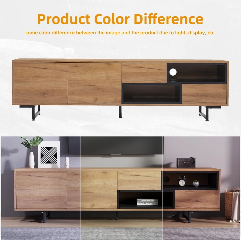 Living Room TV Cabinet with Multi‑Functional Chipboard Storage, Modern TV Stand with 2 Diagonal Drawers, 173L x 38W x 48H cm, Natural Wood