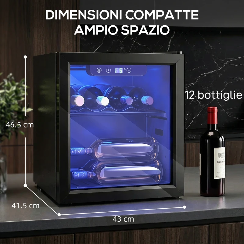 HOMCOM Cantinetta Vino Refrigerata 12 Bottiglie 36L, Temperatura Regolabile 4-16°C con Vetro Anti UV, Nera