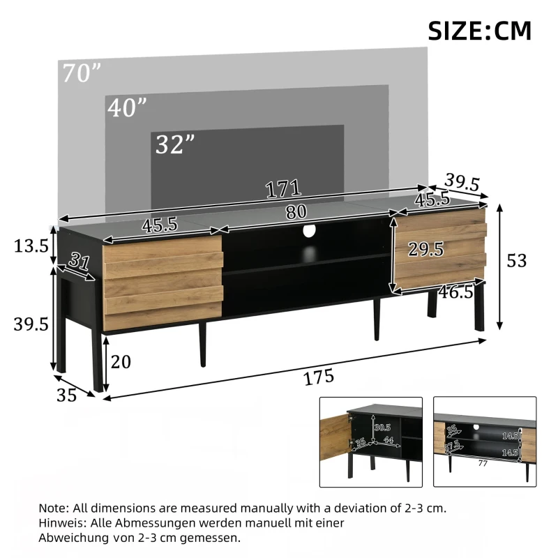 Low-Profile TV Cabinet with Soft-Close Hinges and Adjustable Shelves, Stylish TV Stand with 2 Cabinets, 175L x 39.5W x 53H cm, Natural