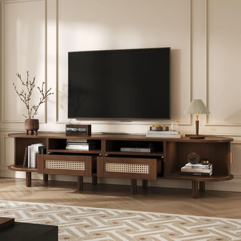 Rattan TV Stand with Sliding Doors and 8 Solid Wood Legs, Oak TV Cabinet with Rounded Corner, 170L x 40W x 40H cm, Oak
