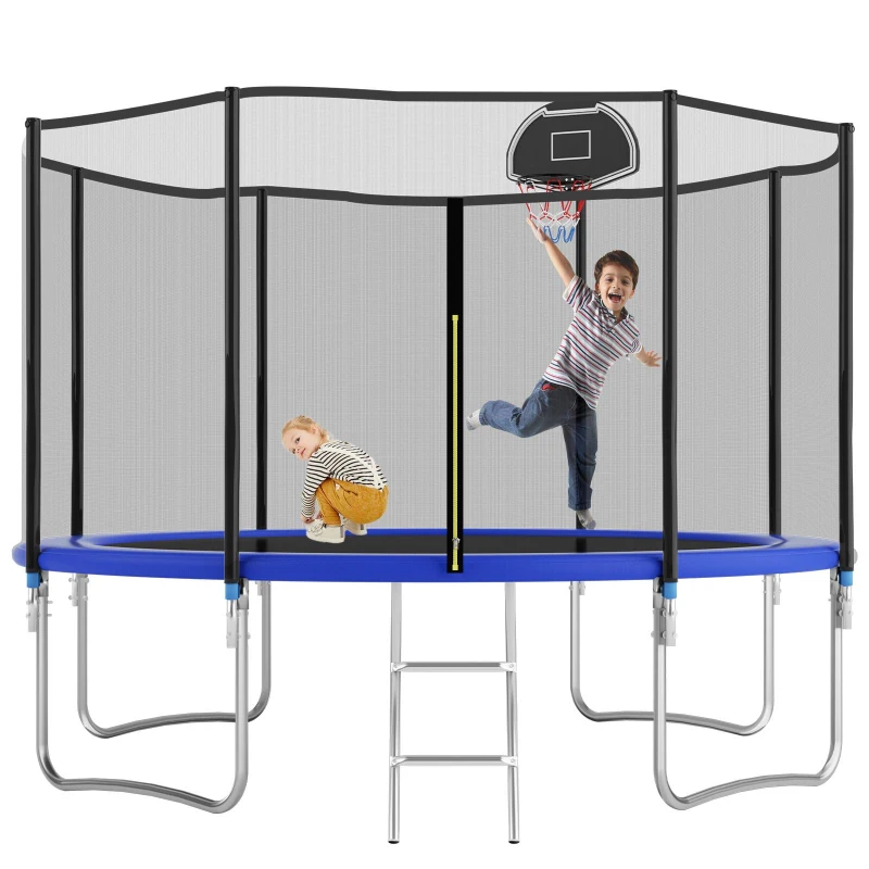 Outdoor Trampoline with Basketball Hoop and Safety Net, Heavy Duty Rebounder with Weatherproof Steel Frame, 366L x 366W x 76H cm, Blue