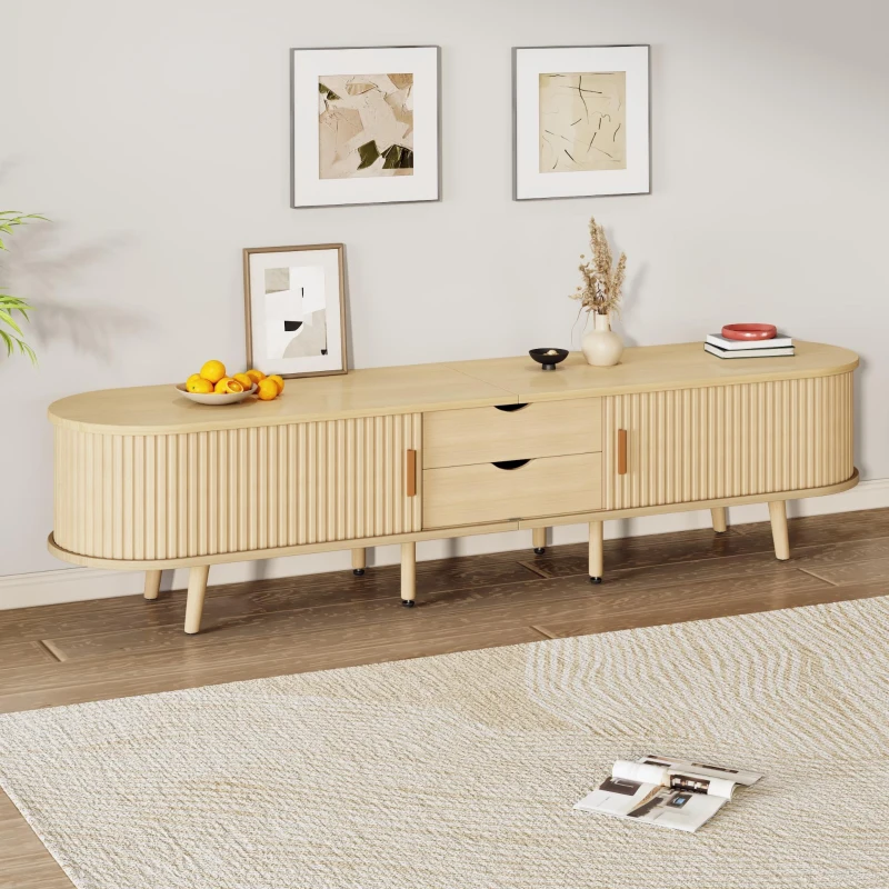 Minimalist TV Stand with Oval Top and Rounded Corners, Light Oak TV Cabinet with Solid Wood Legs, 175L x 40W x 40H cm, Oak