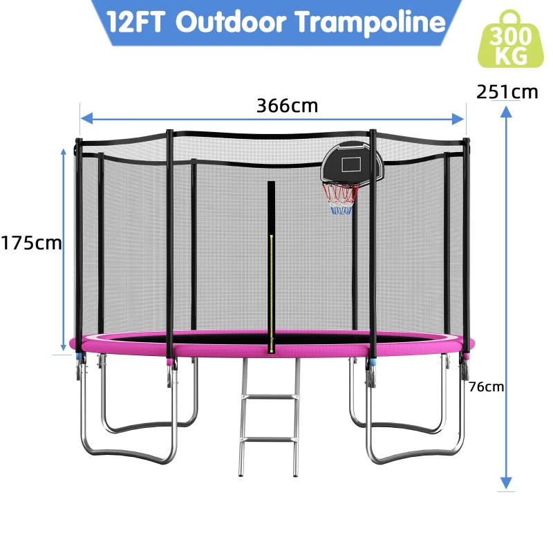 Outdoor Trampoline with Basketball Hoop and Safety Net, Heavy Duty Rebounder with Weatherproof Steel Frame, 366L x 366W x 76H cm, Pink