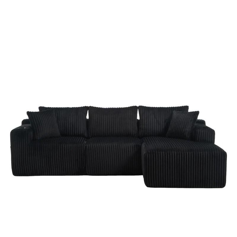 Modular L-Shaped Sectional Sofa with Deep Seat, Plush Corduroy Boneless Couch for Living Room, 257L x 160W x 80H cm, Black