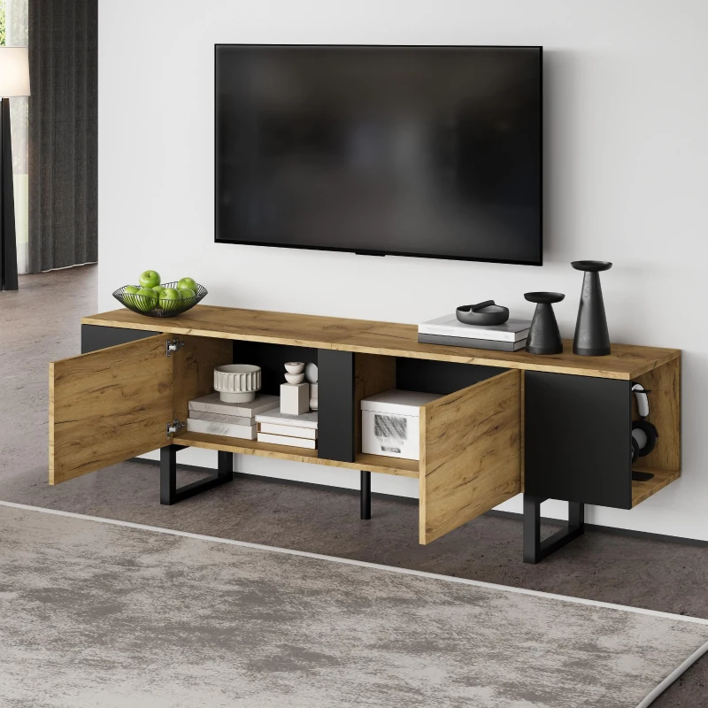 Natural-Wood TV Cabinet with Open Shelves and Soft-Close Doors, Stylish TV Stand with Durable Chipboard Construction, 180L x 40W x 55H cm, Natural