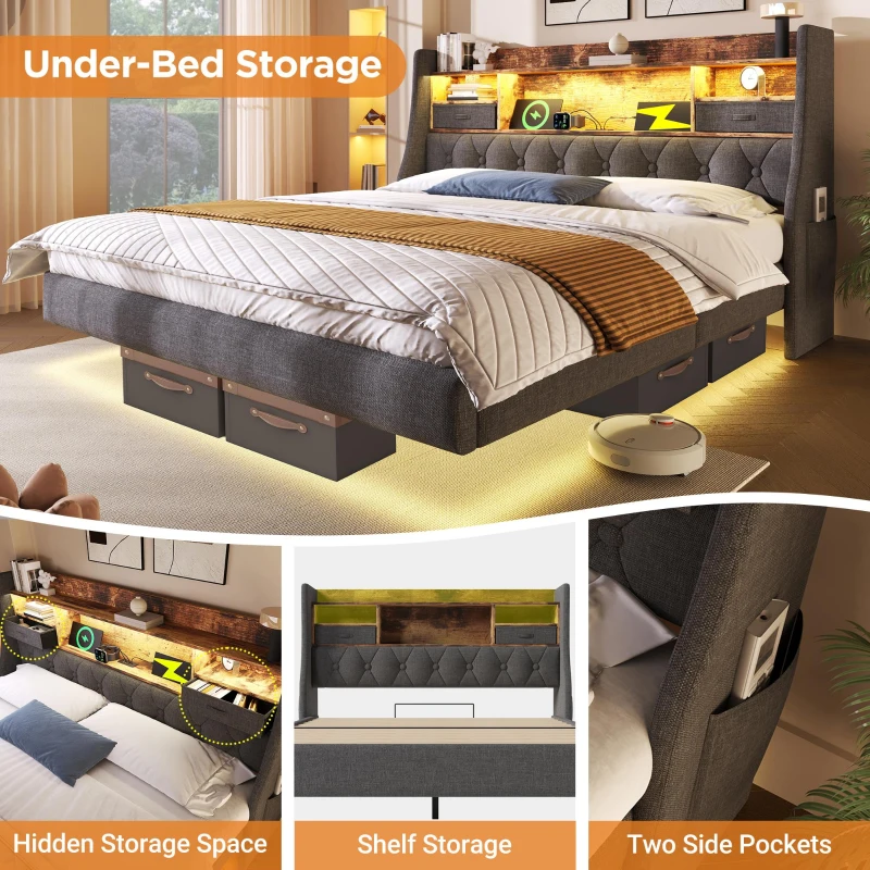 Upholstered Double Floating Bed with LED Mood Lighting, Low-Profile Floating Bed Frame with Storage Headboard, 202L x 142W x 114H cm, Grey