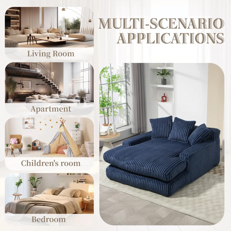 Modern Oversized Chaise Lounge Chair with Memory Foam Seat, Versatile Sofa Bed for Living Room or Bedroom, 155L x 125W x 63H cm, Navy