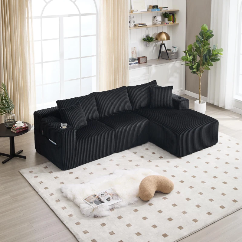 Modular L-Shaped Sectional Sofa with Deep Seat, Plush Corduroy Boneless Couch for Living Room, 257L x 160W x 80H cm, Black