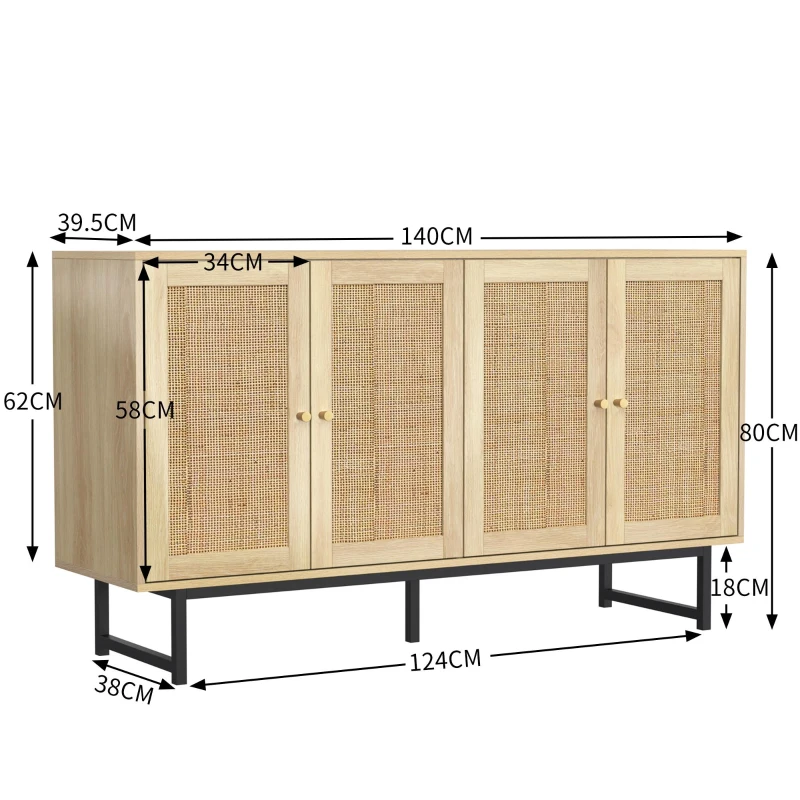 Aparador com rattan trançado, 4 portas, prateleiras ajustáveis, pés metálicos, 140x39,5x80 cm, Cor natural
