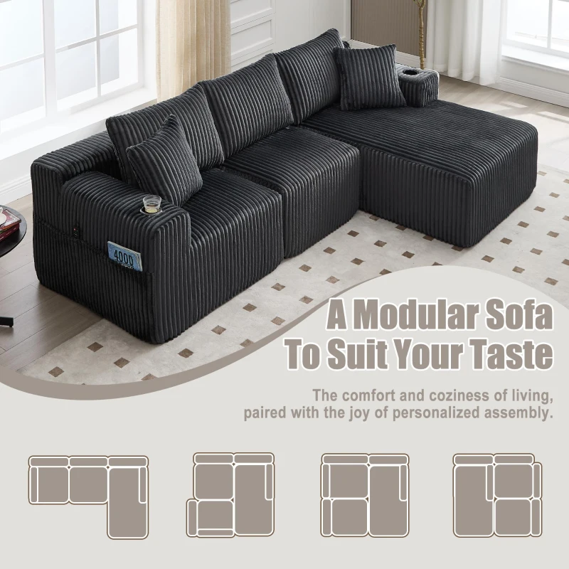 Modular L-Shaped Sectional Sofa with Deep Seat, Plush Corduroy Boneless Couch for Living Room, 257L x 160W x 80H cm, Gray