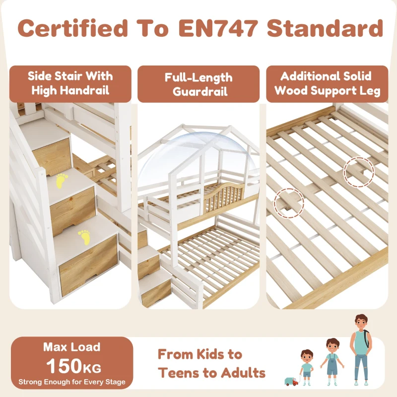 House-Shaped Bunk Bed with Staircase Storage, Space-Saving Kids Bed with Integrated Shelves, 244L x 140W x 206H cm, White+Natural
