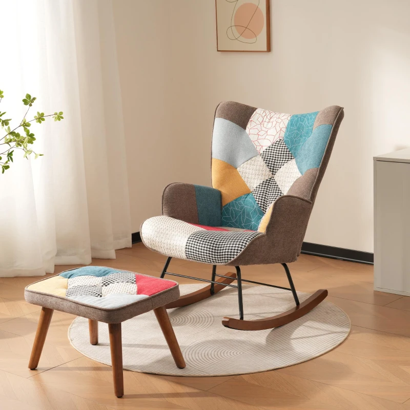 Rocking Chair and Footstool Set with Back Cushion, Quilted Patchwork Leisure Chair Solid with Wood and Iron Legs, 100L x 69.5W x 88.5H cm, Colorful