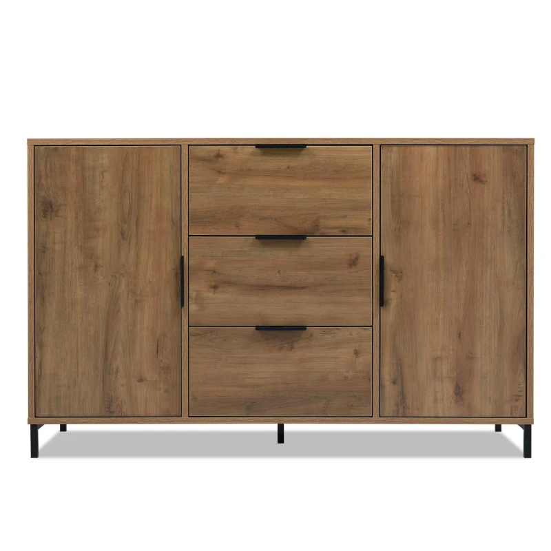 Modern Industrial Sideboard with Metal Frame and Adjustable Feet, Combo Buffet Cabinet with Height-Adjustable Shelf, 120L x 40W x 76H cm, Dark Oak