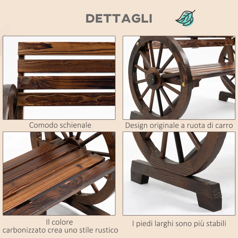 Outsunny Panchina da Giardino 2 Posti a Doghe con Braccioli a Ruota di Carro, in Legno, 105.5x56x79 cm, Marrone Bruciato